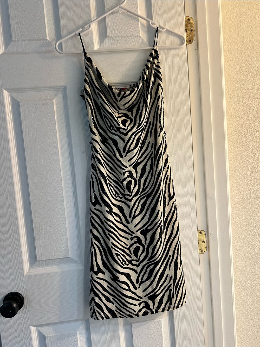 Zebra-Print Slip Mini Cowl  Dress in Black & White Sequins ~ small